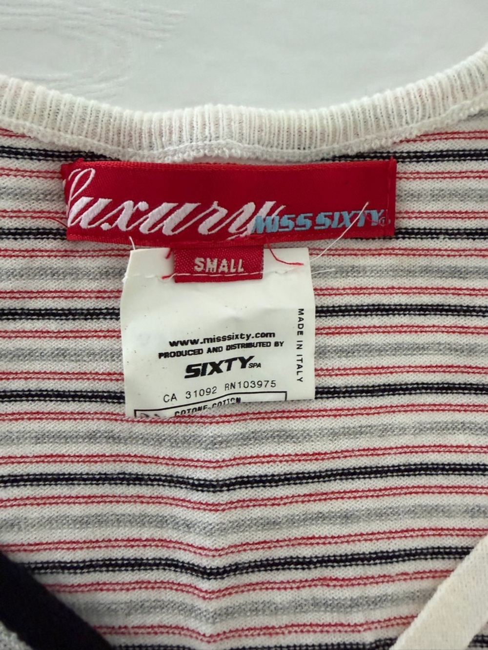 Miss Sixty Striped V-Neck Top in Black, White & Red - Picture 3 of 6